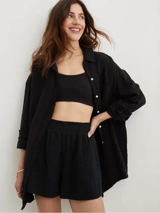 AERIE 100% Cotton Black Gauzy High Waisted Shorts with Pockets EUC L - Picture 1 of 8